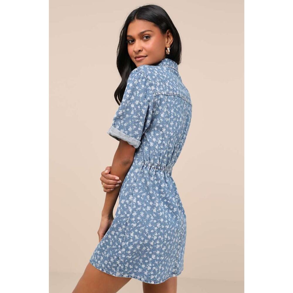 NWT Lulus Renske Light Wash Floral Print Denim Mini Dress Night Out Size M - Picture 3 of 7